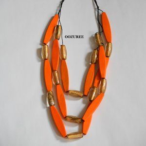 Orange Wood and Crystal Glass Necklace